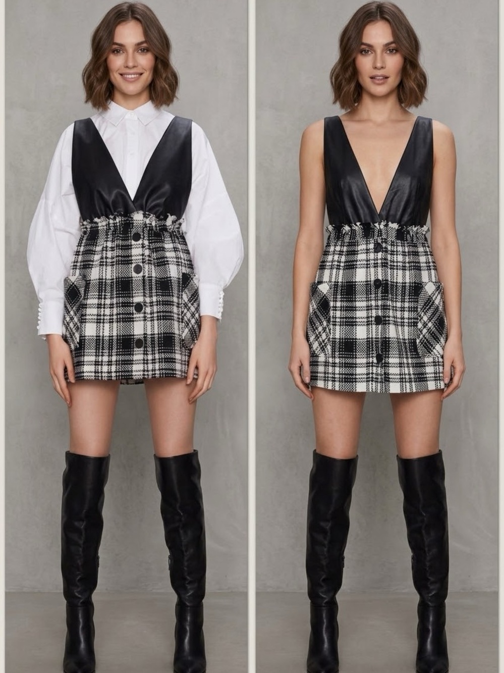 Zara Tweed and Faux Leather Plaid Mini Dress (Z)